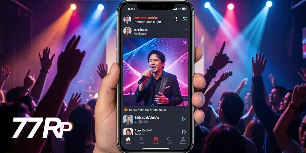 Tampilan antarmuka aplikasi 77RP dengan fungsi Karaoke yang menarik.