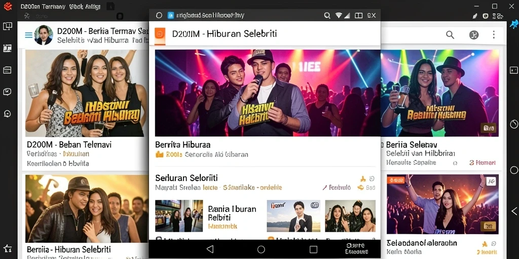 Antarmuka aplikasi D200M menampilkan berita selebriti dengan desain yang menarik.
